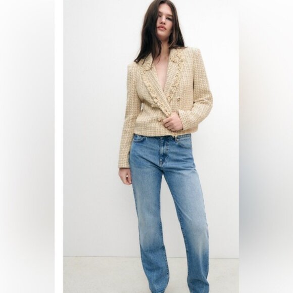 Zara cropped exaggerated shoulders tweed raw collar blazer NWT L - Picture 3 of 10